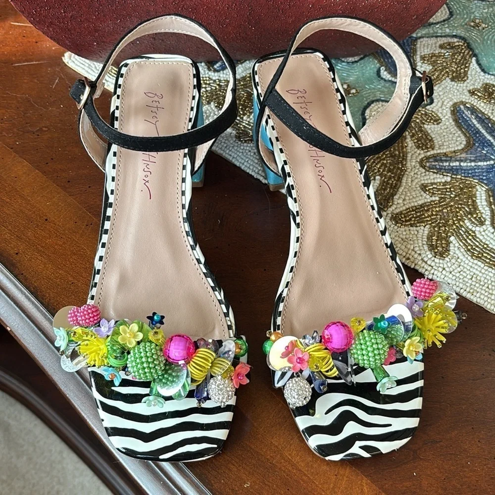 BETSEY JOHNSON Black Embellished Ankle Strap Open Toe Block Heel Beaded Sandals